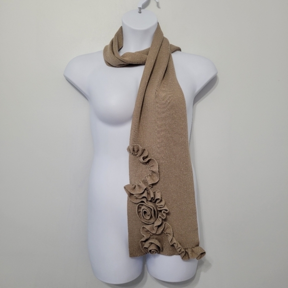 NWT Talbots Women's Scarf Wool Blend Metallic Gold‎ Tan Rosettes 3D Ruffles